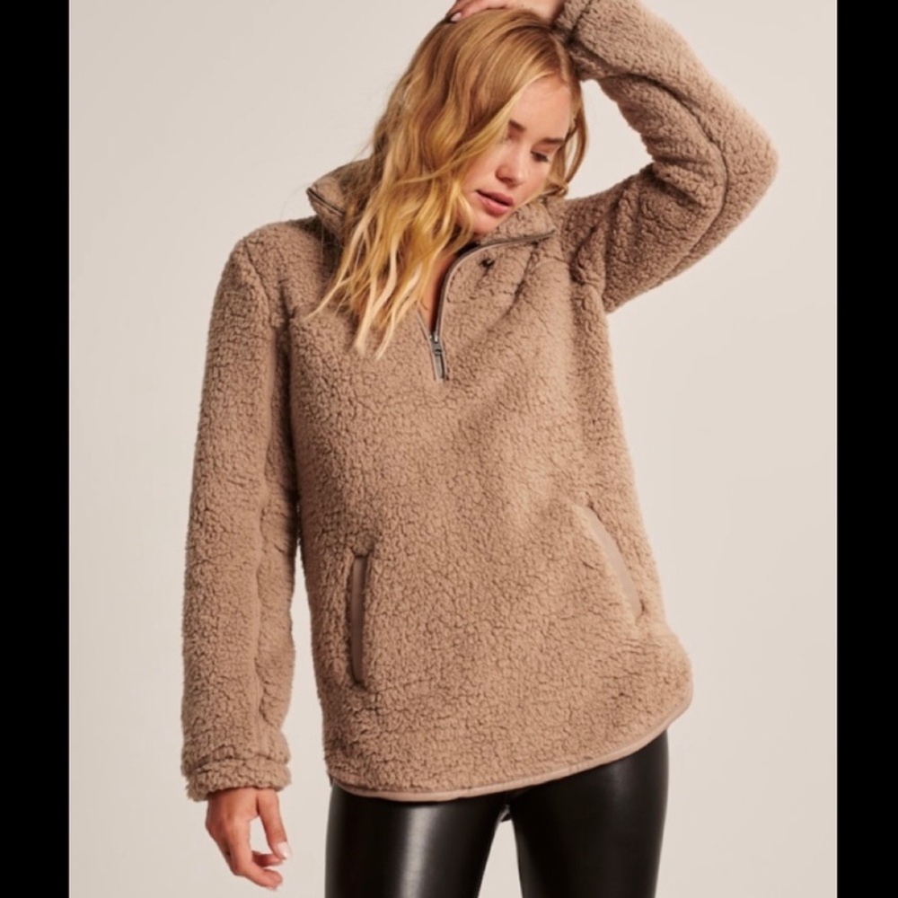 Abercrombie & Fitch Taupe Sherpa Quarter-Zip Pullover